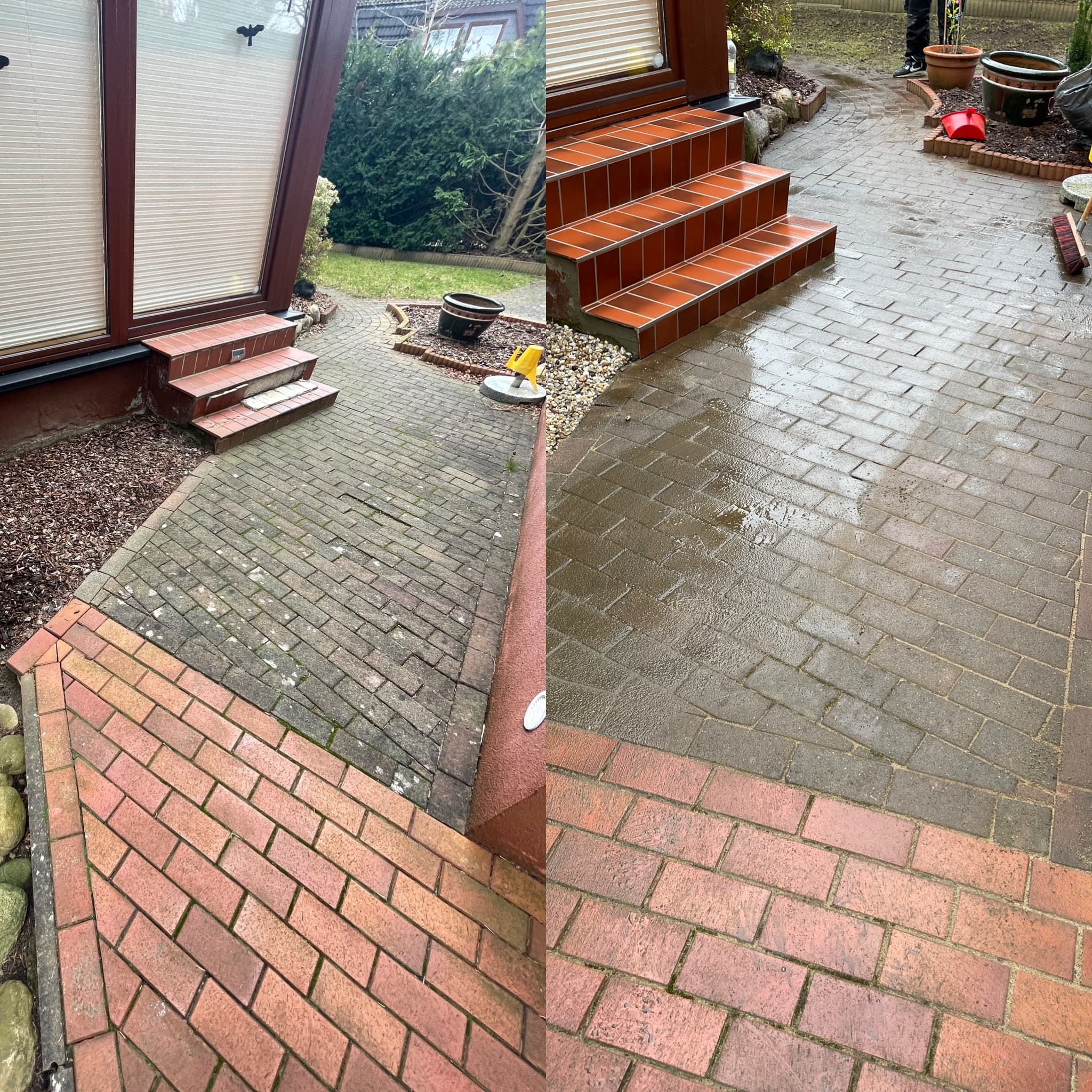 Pflasterfläche vor und nach Neuverlegung